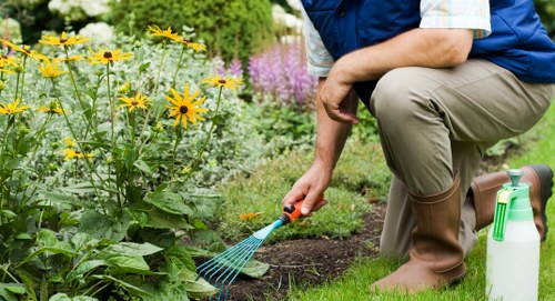 Mechanic inspecting garden maintenance vehicle and tools